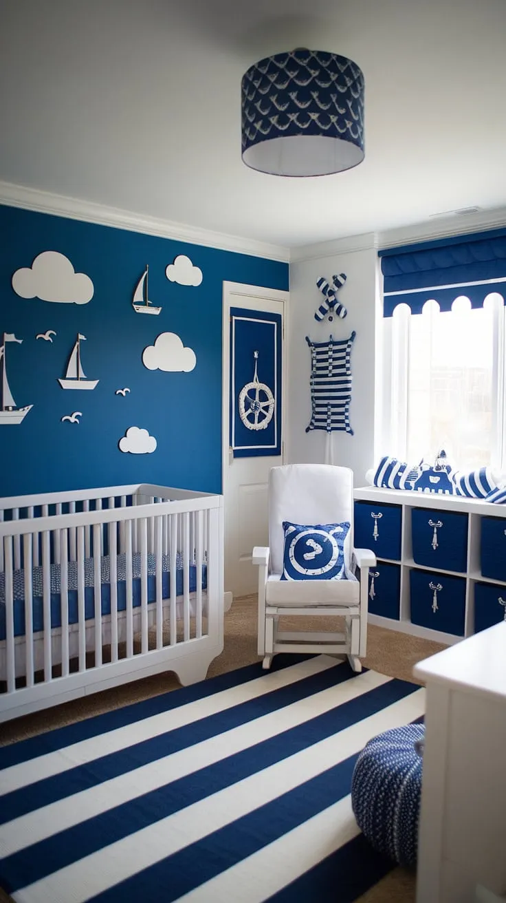 Dive into this dreamy nautical-themed baby boy nursery!  The accent nursery wall, complete with clouds and ships, sets the perfect scene for this baby room design.  Plenty of baby room inspiration here for creating a calming and stylish space. This nursery room design is pure baby nursery inspiration, showcasing clever baby room themes and offering a wealth of nursery room inspiration.