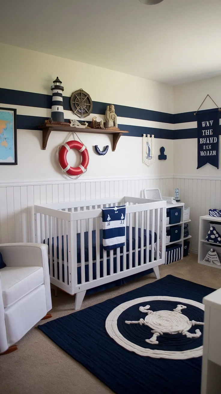 Set sail on a sea of sweet dreams in this nautical-themed baby boy nursery.  The striped accent nursery wall, complete with a charming lighthouse and compass, provides the perfect baby room inspiration for a little sailor. This nursery room design is brimming with baby room themes, offering plenty of nursery room inspiration for parents-to-be.  A truly delightful baby boy room and a perfect example of baby nursery inspiration.