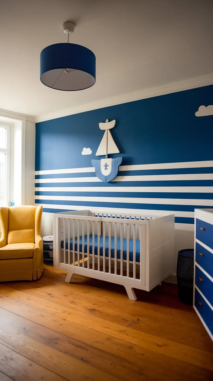 Dive into this dreamy baby boy nursery!  The calming blue and white palette, showcased by the stunning accent nursery wall, makes this nursery room design a true baby room inspiration.  From the crib to the coordinating cabinet, every detail contributes to this perfect blend of baby room themes.  Get your nursery inspo here for a baby room design that's both stylish and serene.