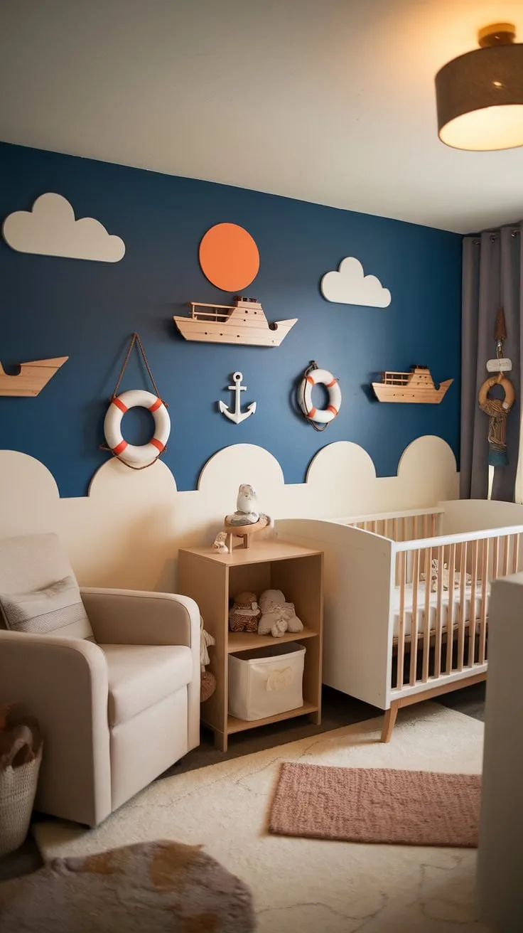 Ahoy, matey! This nautical-themed baby boy nursery is pure baby room inspiration. The stunning accent nursery wall, a dreamy blue sky complete with a sun and clouds, sets the stage for this charming nursery room design. Wooden ships, lifebuoys, and an anchor add to the playful nautical theme, creating a space brimming with baby room themes and nursery inspo.  Perfect baby nursery inspiration for parents seeking a unique and calming baby boy room.