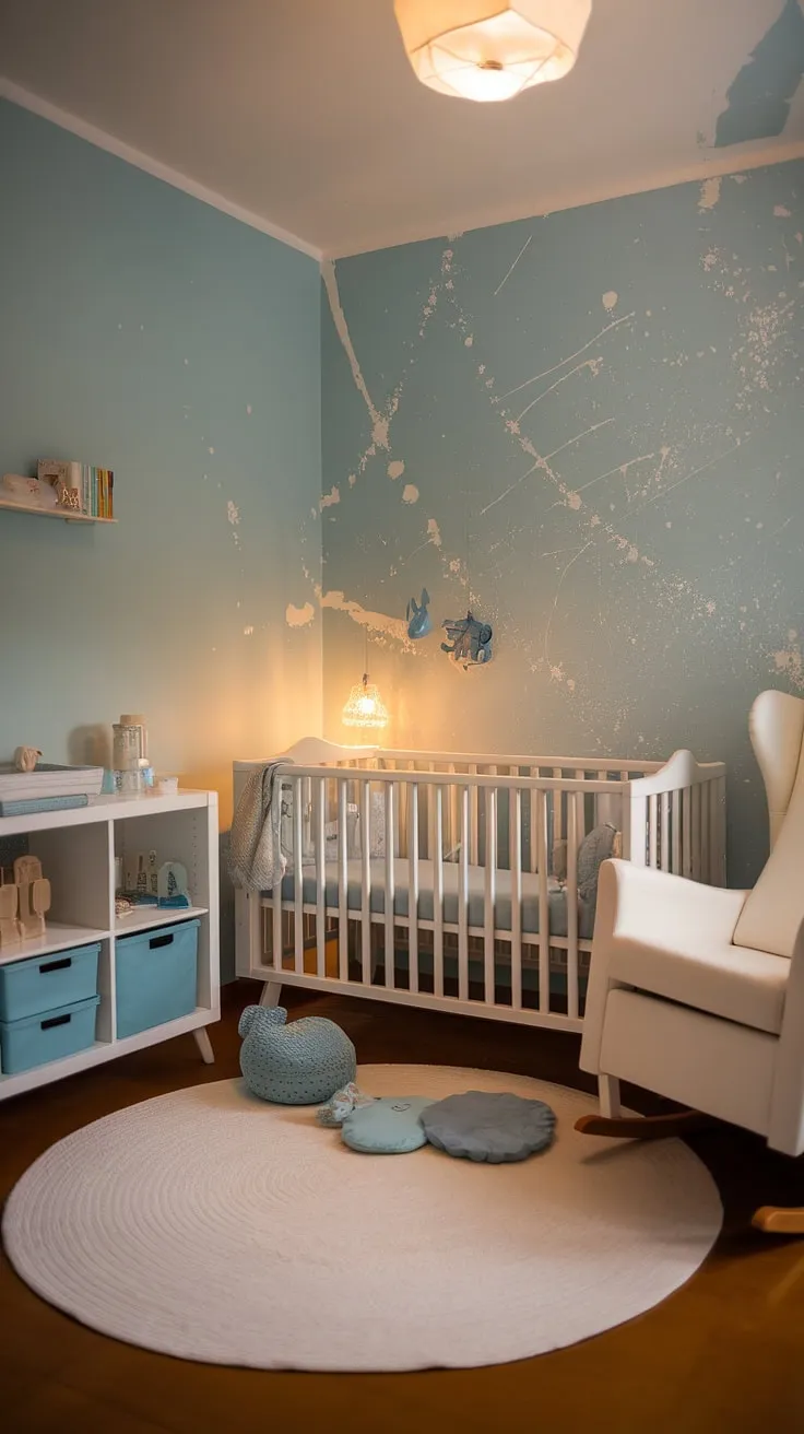 Dreamy blues and playful splatters define this serene baby boy nursery.  The accent nursery wall sets the tone for this calming space, offering endless baby room inspiration and showcasing a sophisticated nursery room design. This baby boy room is the perfect blend of modern and cozy, providing nursery room inspiration for parents seeking a unique baby room themes.