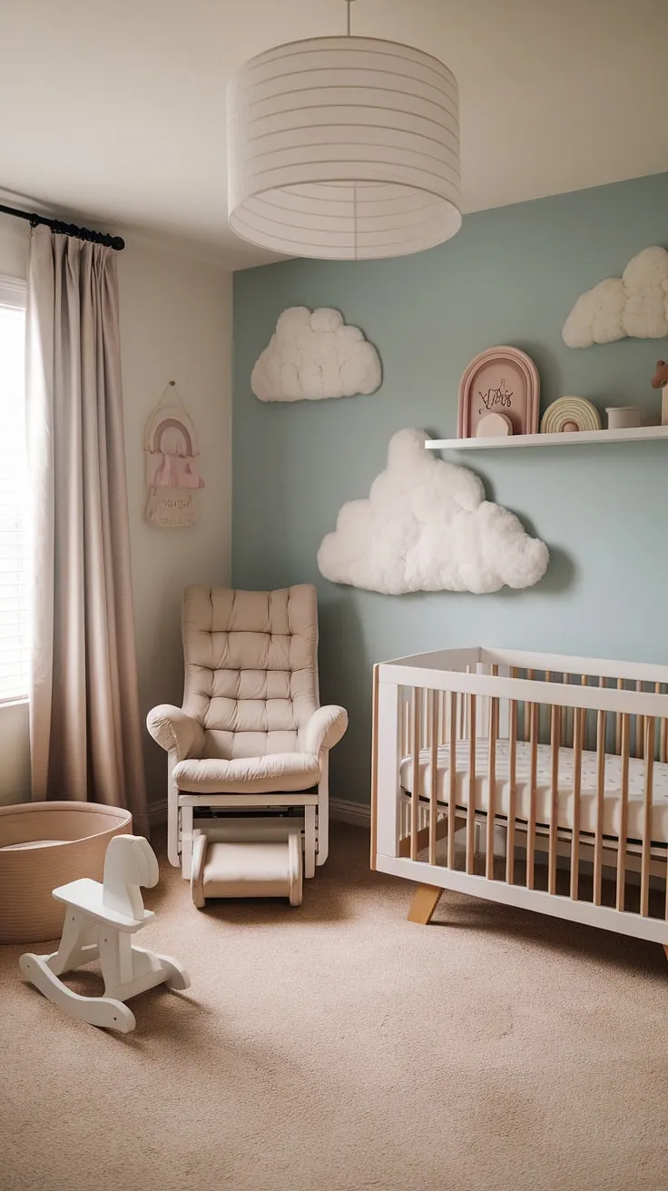 This baby boy room is a masterclass in nursery room design. The light blue and white accent nursery wall, inspired by fluffy cotton candy clouds, sets the tone for this serene baby nursery inspiration.  From the rocking chair to the charming rocking horse, every detail contributes to a truly magical nursery inspo.  Find your own baby room themes within this calming baby room design.