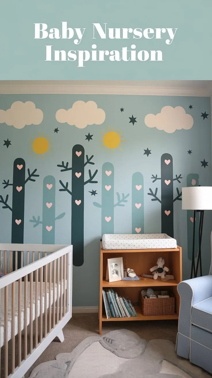This accent nursery wall is pure baby nursery inspiration!  The whimsical clouds, suns, and hearts create a dreamy atmosphere perfect for a baby boy nursery.  Find more baby room themes and nursery room design ideas to bring your baby room inspiration to life. This nursery room inspiration showcases a charming baby boy room, offering plenty of baby room design ideas and nursery inspo for your little one's space.