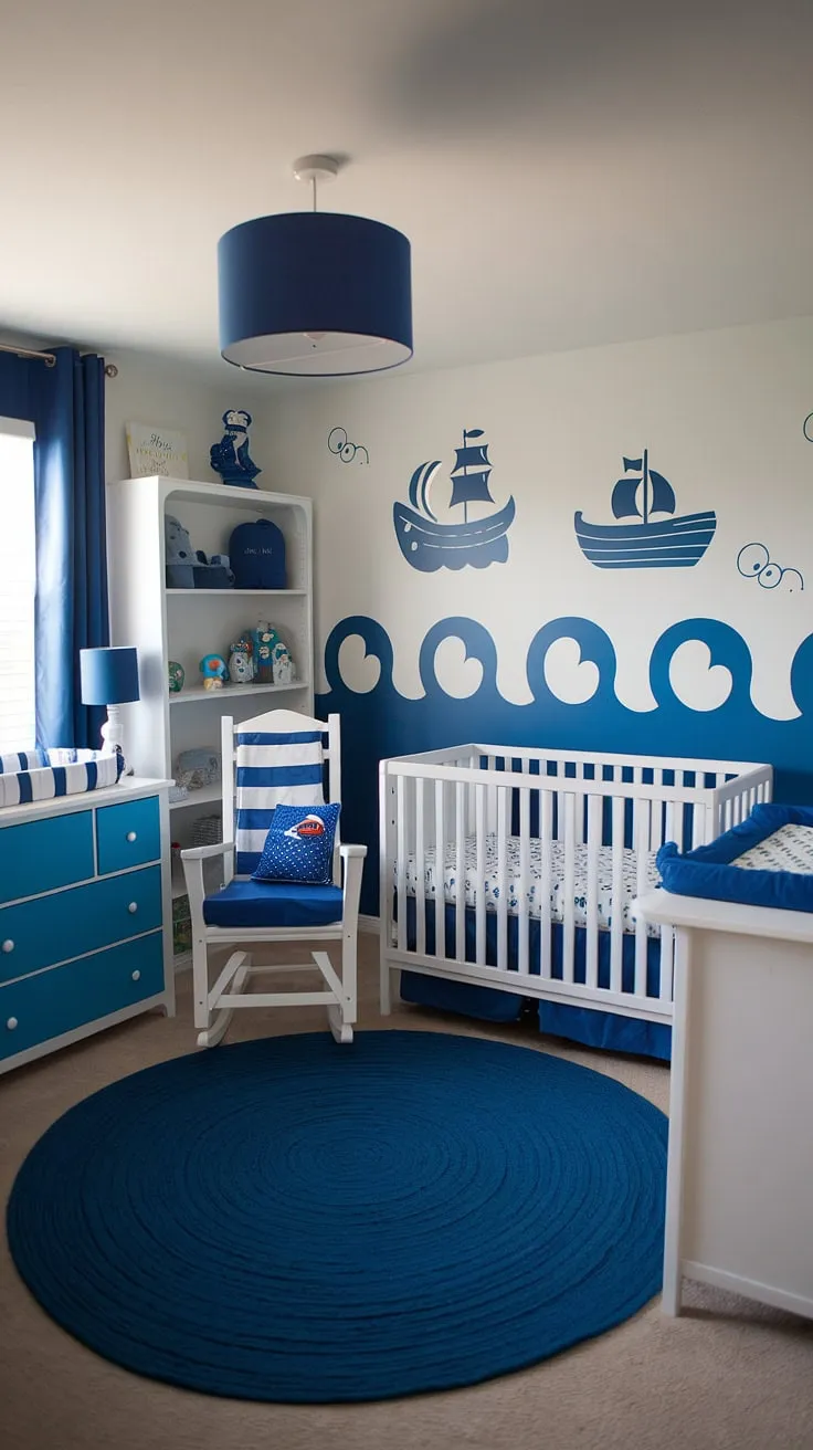 This nautical-themed baby boy room is pure baby room inspiration!  The hand-painted accent nursery wall sets the perfect scene for this dreamy nursery room design, overflowing with baby boy nursery ideas.  From the crib to the rocking chair, every detail is thoughtfully curated for a calming and stylish space.  Get your baby room themes inspiration here! This is the ultimate baby room design and nursery inspo.