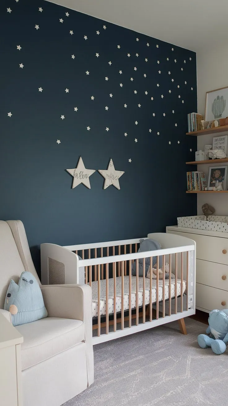 Dreamy navy and white stars create the perfect accent nursery wall in this serene baby boy nursery.  This modern nursery room design offers endless baby room inspiration, showcasing stylish baby room themes and practical nursery room design elements.  Find your own baby room inspiration here for a truly captivating baby boy room.