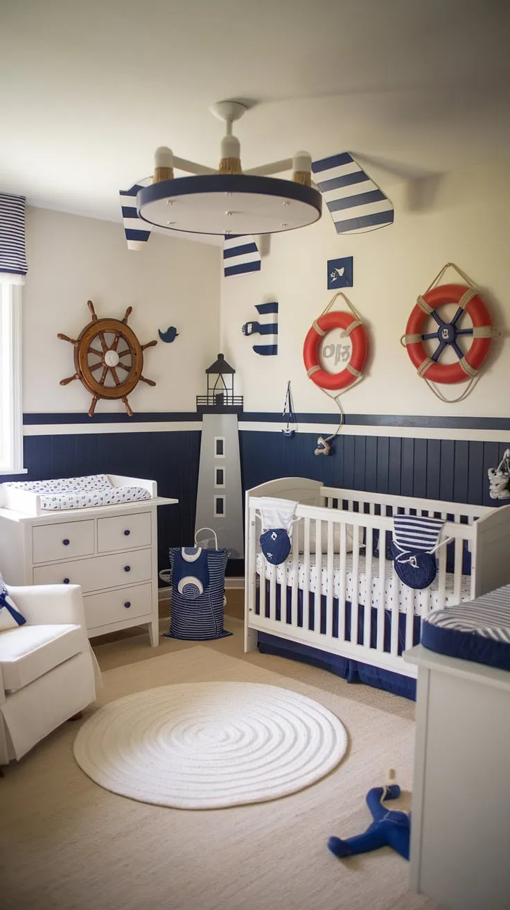 Ahoy, matey! This nautical-themed baby boy nursery is pure baby room inspiration.  The accent nursery wall, complete with a ship's wheel and life preservers, sets the perfect scene for sweet dreams.  From the crib to the rocking chair, every detail contributes to this charming nursery room design, offering plenty of baby nursery inspiration for parents-to-be.  Explore this baby room themes masterpiece for your own baby room design ideas. This baby boy room is the ultimate nursery inspo.