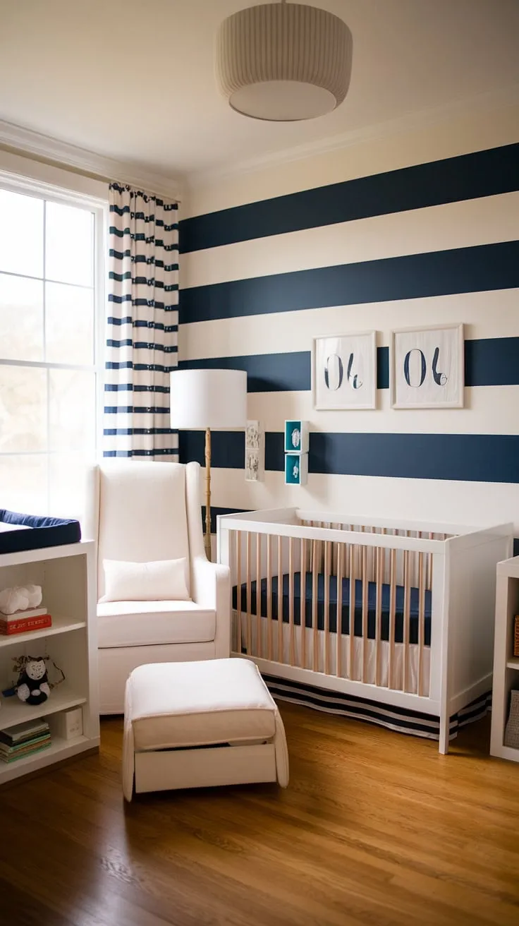 Sail away into sweet dreams! This navy and white striped accent nursery wall sets the perfect nautical tone for this baby boy nursery.  Plenty of baby room inspiration here, from the crib to the charming rocking chair, making this nursery room design a dream come true.  A perfect example of baby room themes done right, offering baby nursery inspiration for parents-to-be. This baby boy room is pure nursery inspo.