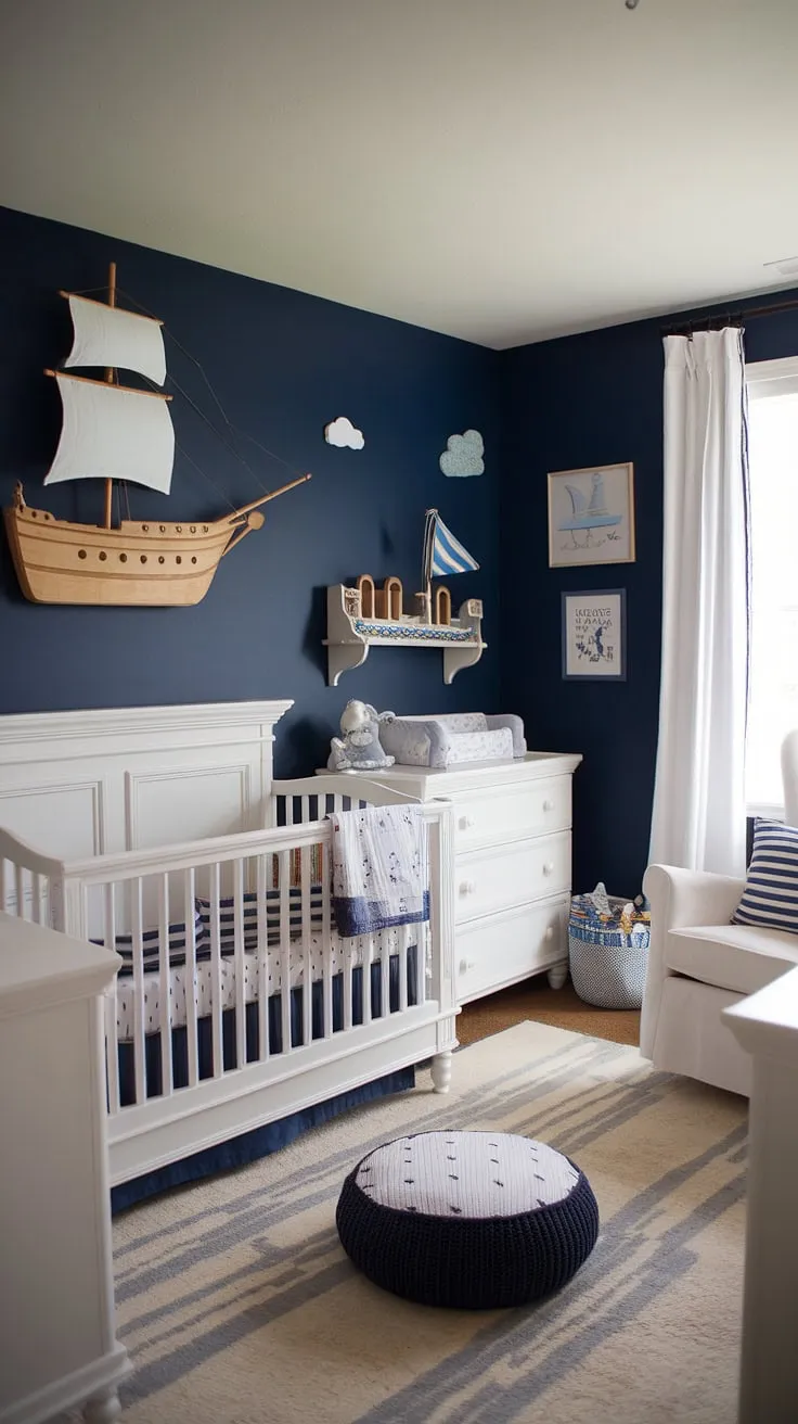 Ahoy, matey! This nautical-themed baby boy nursery is pure baby room inspiration.  The navy blue accent nursery wall, white furniture, and charming ship above the crib create a dreamy nursery room design.  Perfect baby nursery inspiration for parents seeking a sophisticated and playful baby room themes. This baby boy nursery is a treasure trove of nursery room inspiration and baby room design ideas.  It's a space brimming with calm and adventure, a true baby boy room to cherish.