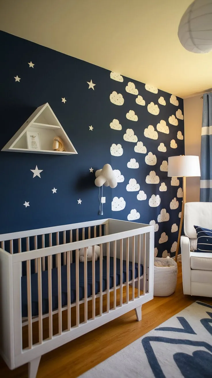 This baby boy room is pure nursery room inspiration! The charming accent nursery wall, featuring a celestial design, creates a magical atmosphere.  From the white crib to the carefully curated baby room design details, every element contributes to this peaceful baby nursery.  Explore more baby room themes and baby room inspiration for your own little star. This is baby room design at its finest.