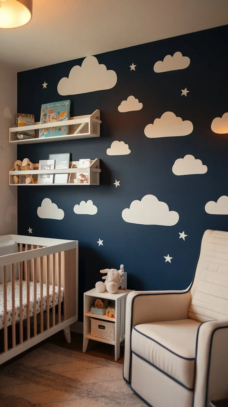 Transform your baby boy room into a celestial haven with this captivating accent nursery wall.  The calming navy blue, fluffy white clouds, and twinkling stars create a soothing atmosphere, perfect for both baby and parent.  Explore our curated selection for more nursery room design ideas and baby room inspiration. This nursery room inspiration is perfect for your baby boy nursery.