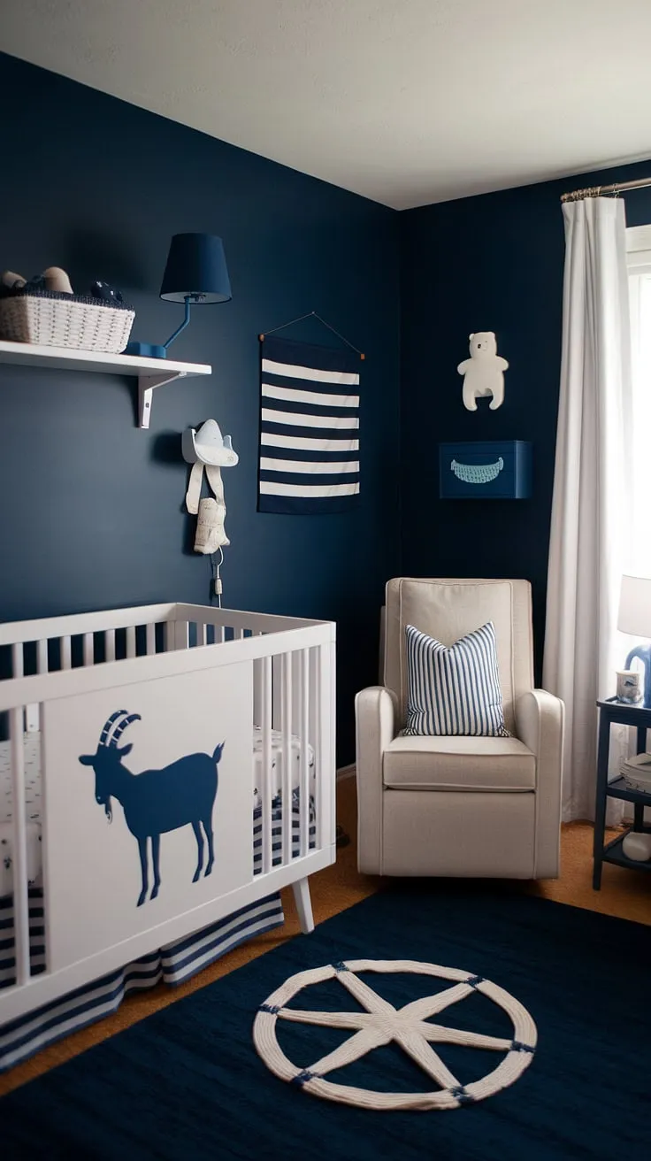 Dive into this dreamy nautical-themed baby boy nursery.  The deep navy accent nursery wall sets a calming stage, while the adorable nanny goat crib and thoughtfully chosen decor offer endless baby room inspiration. This nursery room design is pure baby room themes perfection, providing a space brimming with nursery room inspiration and baby boy room charm.  A perfect blend of style and comfort for your little sailor.