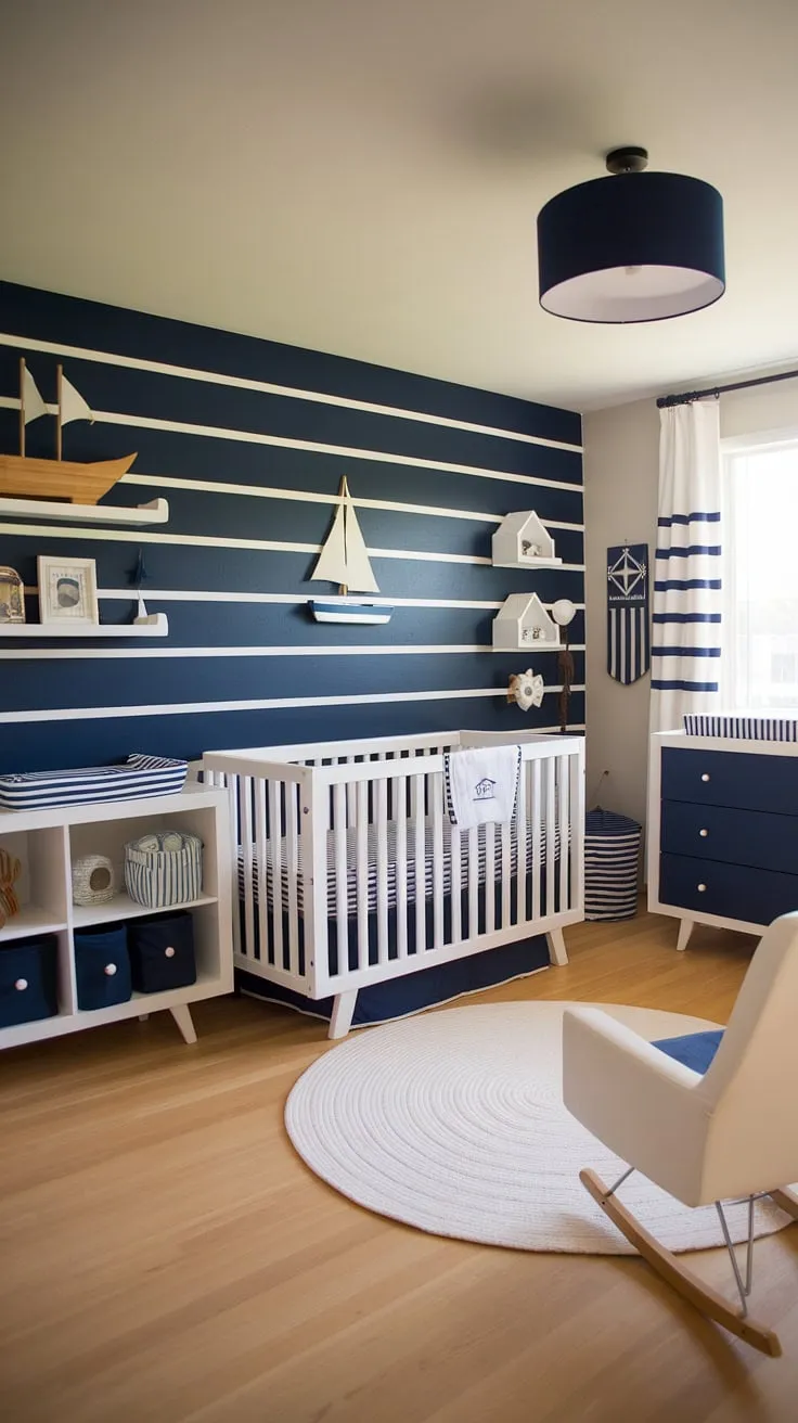 This nautical-themed baby boy nursery is pure baby room inspiration! The navy blue accent nursery wall with white stripes sets a calming yet playful tone, perfectly complemented by the white furniture and nautical decorations.  A dream come true for any parent seeking baby nursery inspiration and baby room design ideas. This nursery room design is a perfect blend of style and functionality, offering plenty of nursery room inspiration for your little sailor.