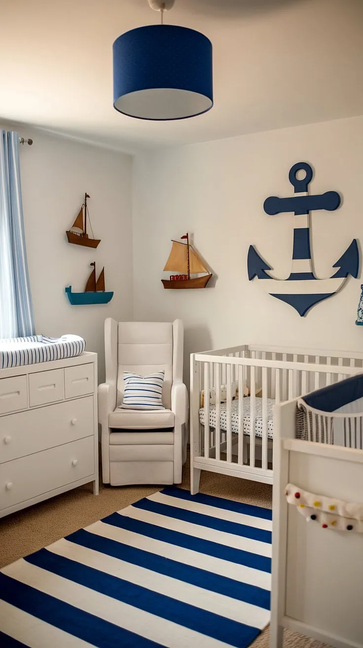 This nautical-themed nursery is pure baby room inspiration!  The accent nursery wall with its anchor and wooden ships sets the perfect tone for this charming baby boy nursery.  A dream come true for any parent seeking baby room themes and nursery room design ideas.  Plenty of nursery inspo here for your own baby room design.