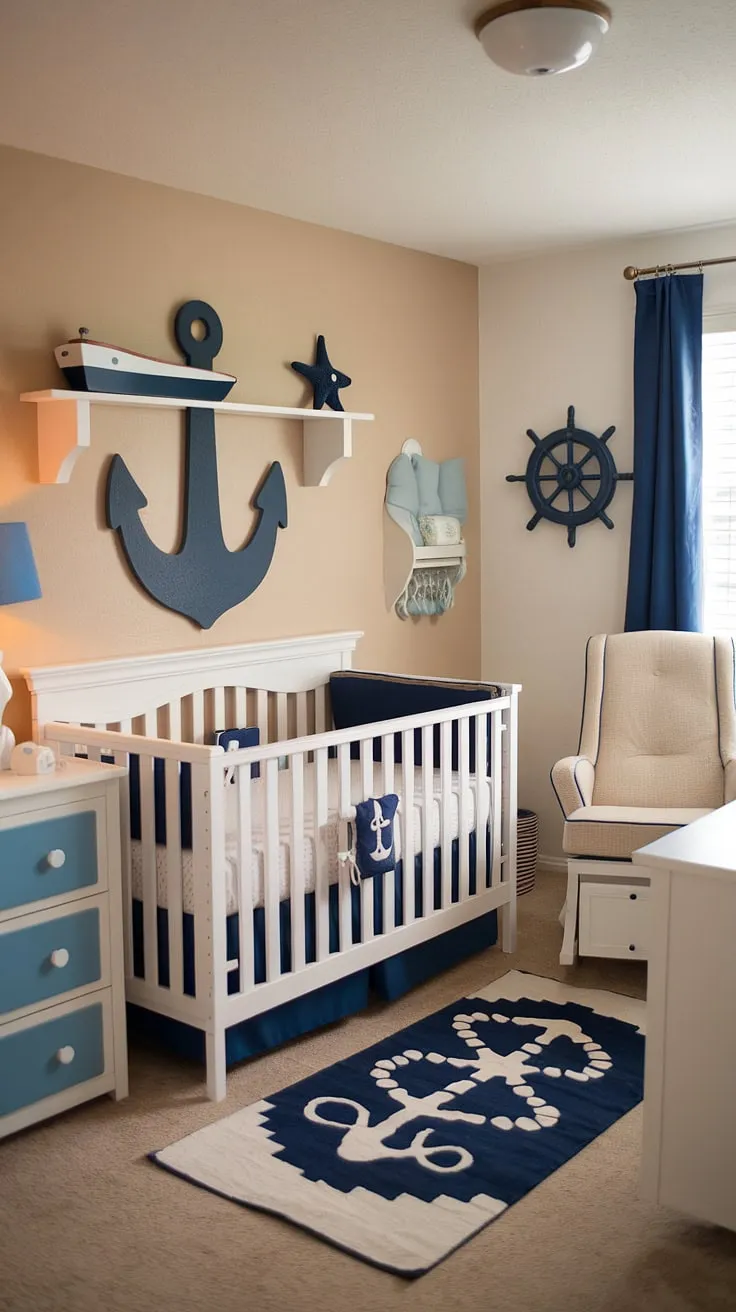 Set sail on a sea of sweet dreams! This nautical-themed nursery, featuring a stunning beige and blue accent nursery wall, offers endless baby room inspiration.  The perfect blend of baby room themes and nursery room design, this baby boy nursery is a dream come true.  From the charming ship wheel to the cozy rocking chair, every detail contributes to a serene and stylish nursery room inspiration.  A true baby boy room masterpiece, brimming with nursery inspo.