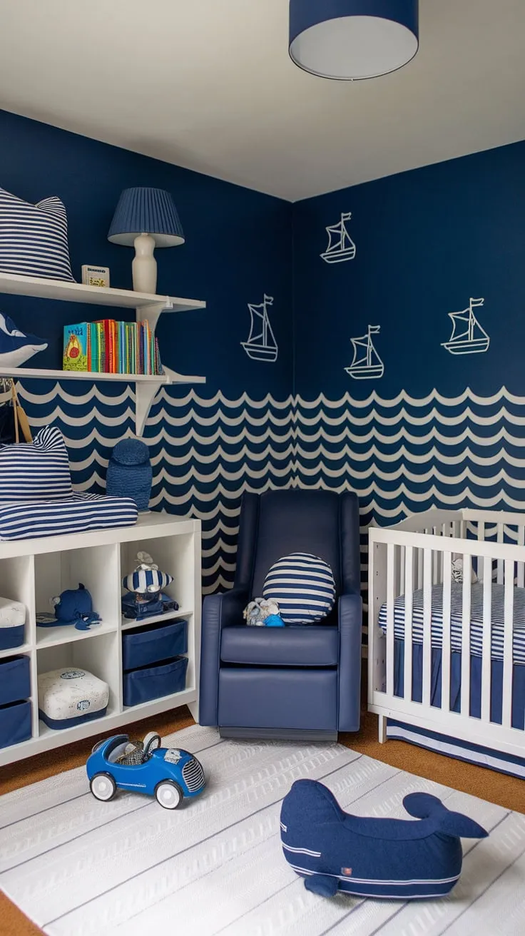 This nautical-themed baby boy nursery is pure baby room inspiration. The accent nursery wall with its playful waves and ships sets the perfect tone, while the navy and white color scheme creates a calming and stylish nursery room design.  Plenty of baby room themes are subtly incorporated, making this space a dream for both parent and child.  A perfect example of baby nursery inspiration and nursery room inspiration for any parent looking for baby boy nursery ideas.