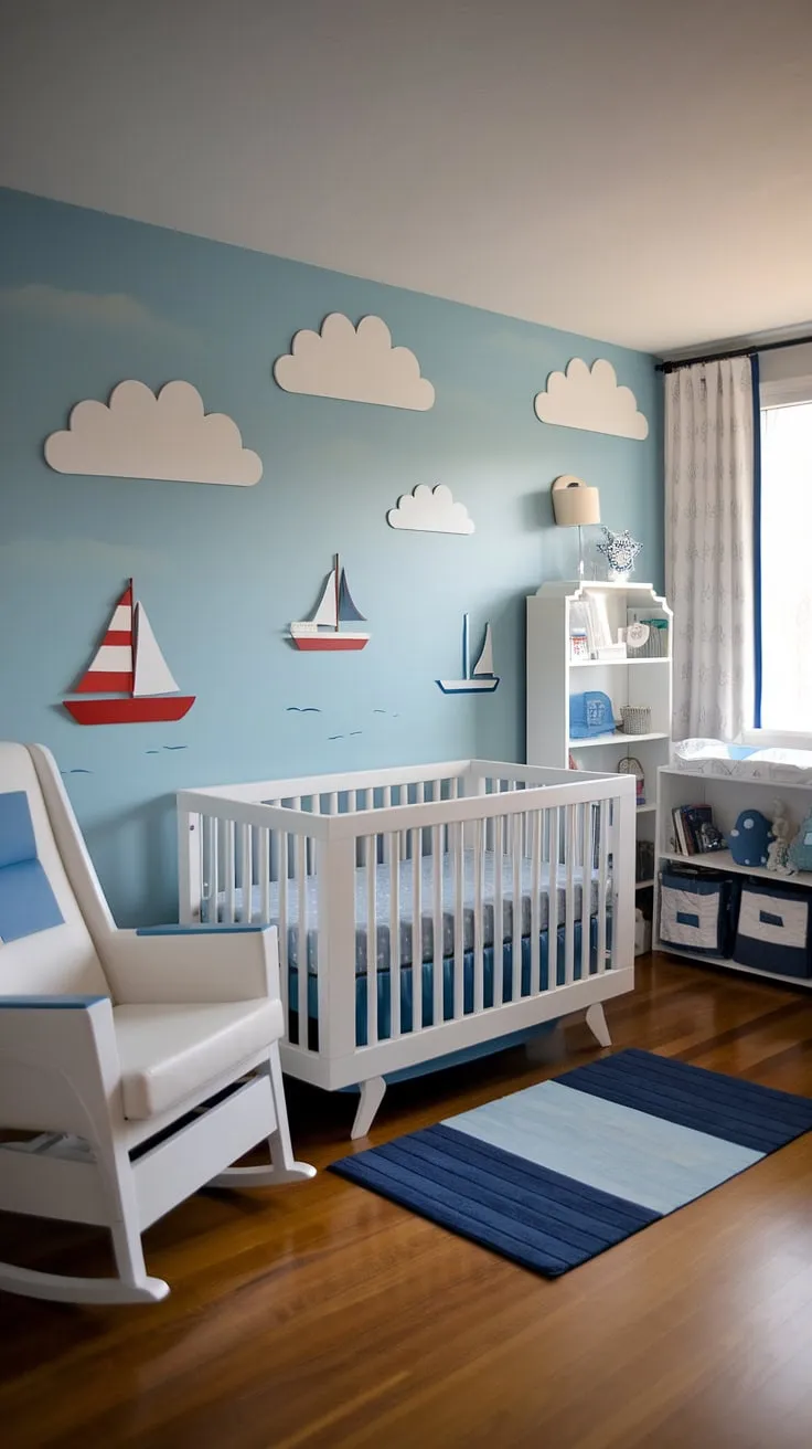 Sail away to dreamland in this charming baby boy nursery. The light blue accent nursery wall, adorned with whimsical boats and clouds, sets the stage for this delightful baby room design.  This baby room inspiration showcases the perfect balance of style and functionality, making it a top choice for baby room themes.  Find your own baby room inspiration and nursery inspo in this perfectly curated space.