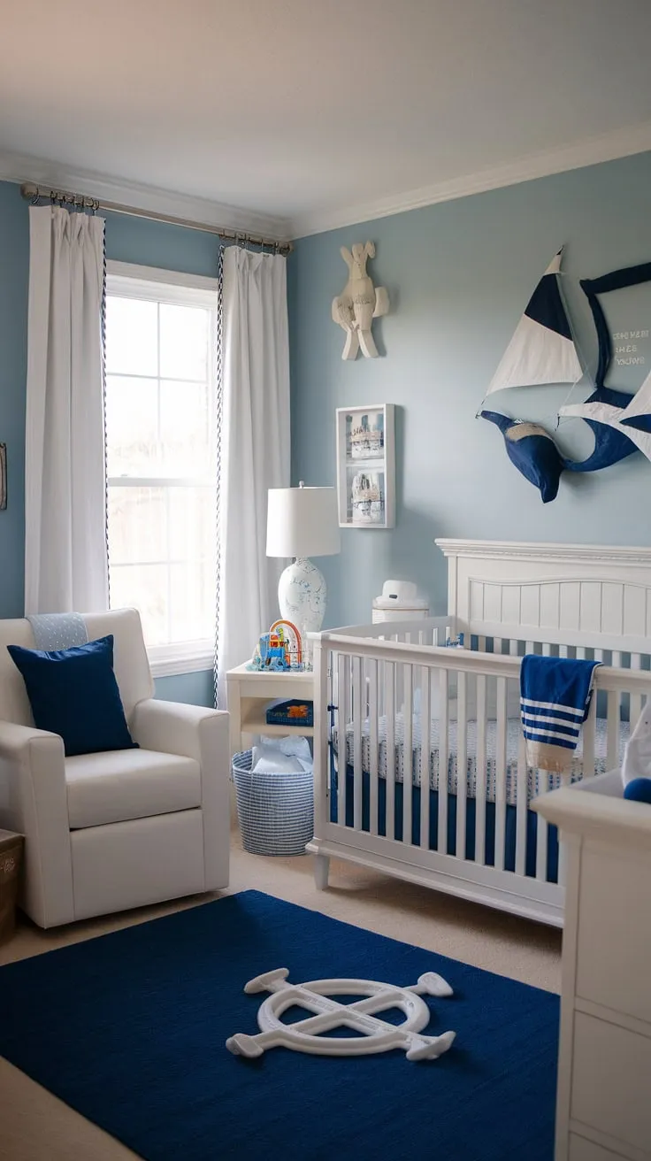 This serene nautical-themed nursery is pure baby boy room inspiration. The light blue accent nursery wall, white furniture, and charming details create a calming space perfect for sweet dreams.  A dream come true for any parent seeking baby nursery inspiration and baby room themes. This nursery room design is a masterclass in baby room design and nursery room inspiration.
