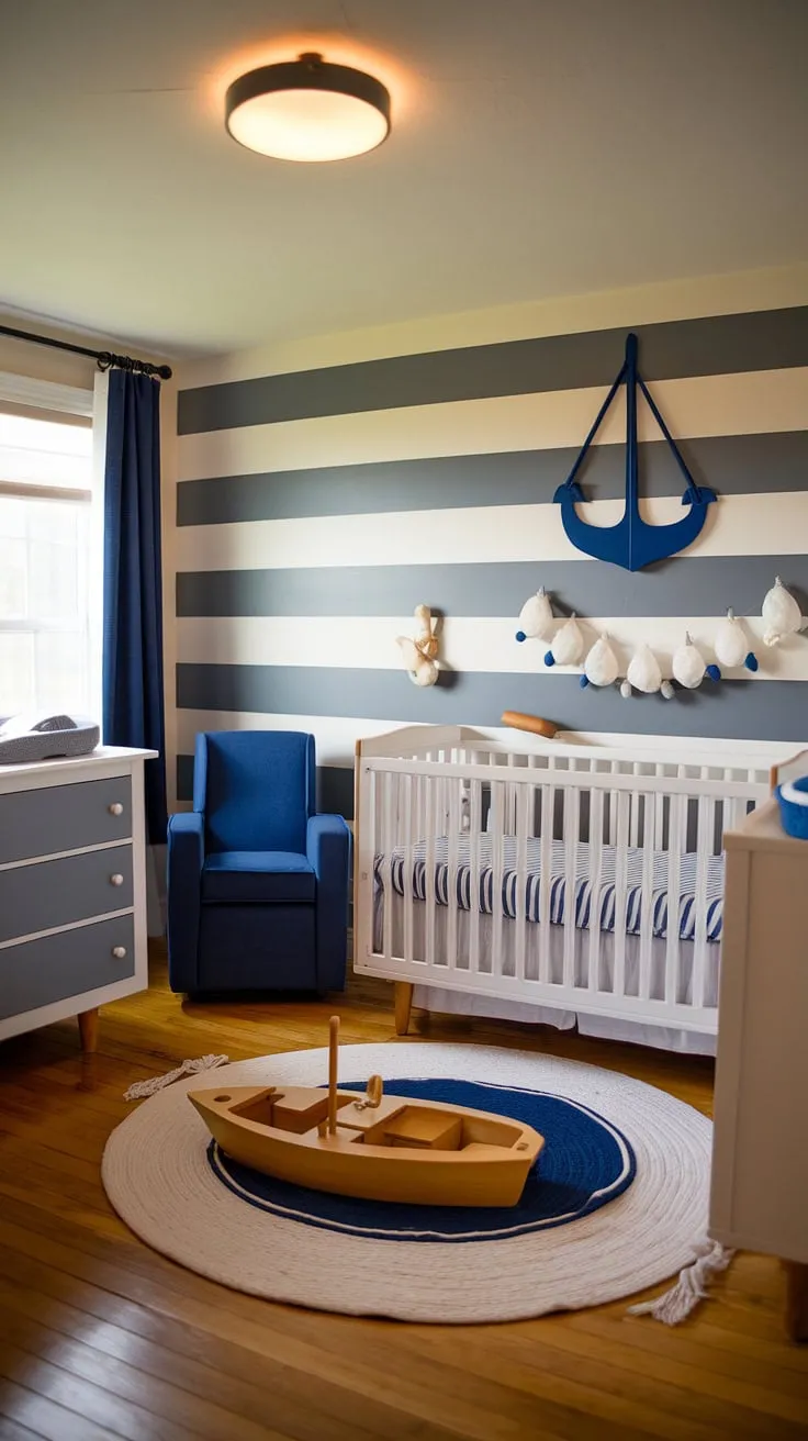Drift away to dreamland in this serene baby boy nursery.  The clever nursery room design features a calming gray and white striped accent nursery wall, creating the perfect backdrop for this baby room.  The white furniture and pops of blue offer a sophisticated take on baby room themes, making this space a haven of nursery inspo.  This baby room design is a treasure trove of baby room inspiration, perfect for parents seeking a stylish and functional baby boy room.
