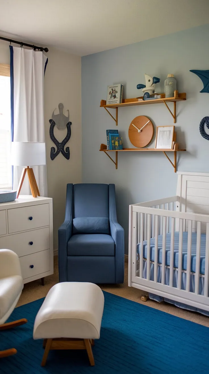 Ahoy, matey! This nautical-themed baby boy nursery is pure baby room inspiration.  The light blue accent nursery wall, combined with the white furniture and charming details, creates a serene and stylish nursery room design.  Perfect baby nursery inspiration for parents seeking a calming and playful space. This baby room themes idea is a dream come true.  A true baby room design masterpiece.
