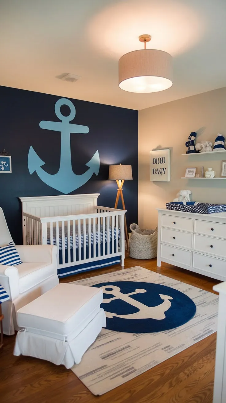 Dive into this dreamy baby boy nursery!  The accent nursery wall featuring a large blue anchor is the perfect starting point for this captivating nursery room design.  White furniture pieces create a bright and airy feel, making this baby room design a perfect blend of style and comfort.  Find your baby room inspiration and nursery room inspiration here, showcasing the best in baby room themes and baby room design. This baby boy room is a true testament to nursery inspo.