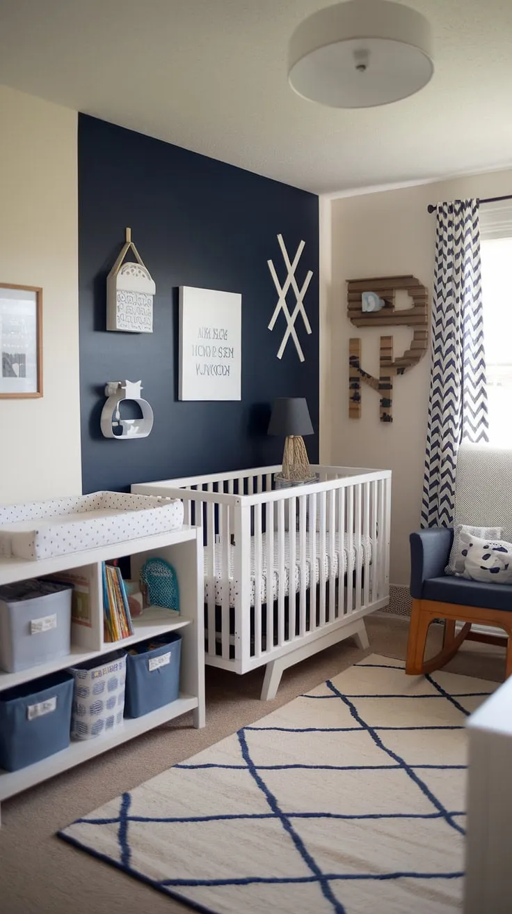 Navy and white dreams in this perfectly styled baby boy nursery.  The accent nursery wall sets the tone for this calming and functional space, offering endless baby room inspiration.  From the crib to the rocking chair, every detail contributes to a beautiful nursery room design. This is baby nursery inspiration at its finest.