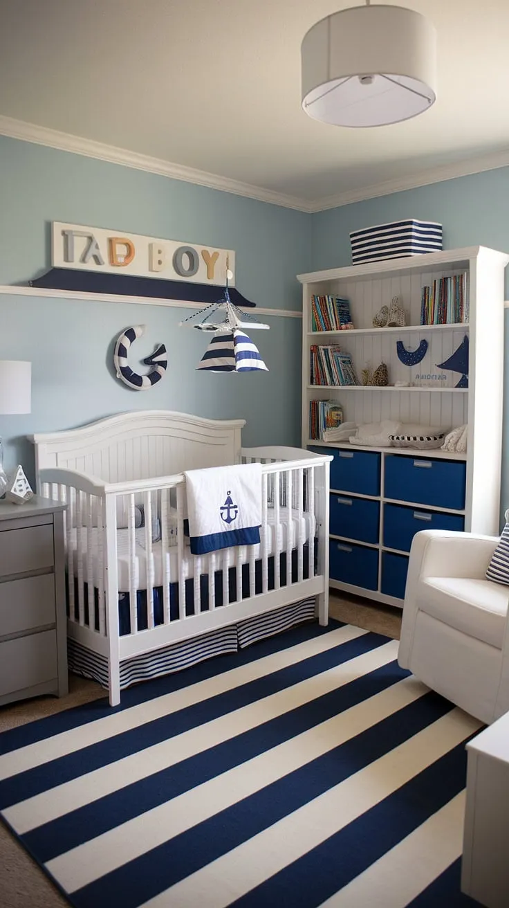 Sweet dreams are made of this!  This nautical-themed baby boy nursery offers a calming and stylish space, perfect baby room inspiration for parents seeking a serene nursery room design. The light blue accent nursery wall complements the white furniture beautifully, creating a nursery room inspiration that's both classic and contemporary.  This baby room design is a testament to thoughtful baby nursery inspiration and showcases some of the best baby room themes.
