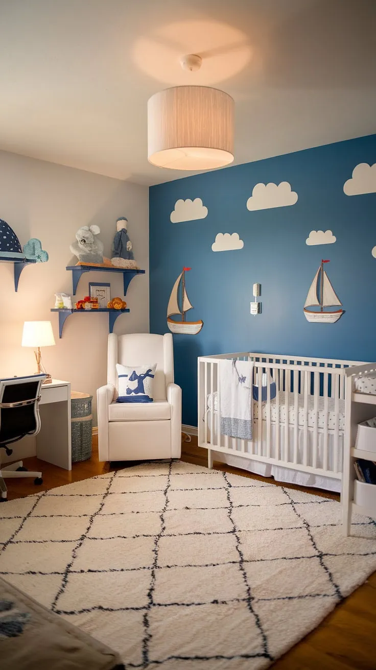 This baby boy nursery is pure nursery inspo!  The calming blue accent nursery wall, adorned with whimsical ships and clouds, creates a serene atmosphere.  This baby room design showcases clever baby room themes, making it a functional and stylish space.  Find your baby room inspiration here, perfect for those seeking baby room design ideas for a little sailor.  A truly captivating baby nursery inspiration for any expecting parent.