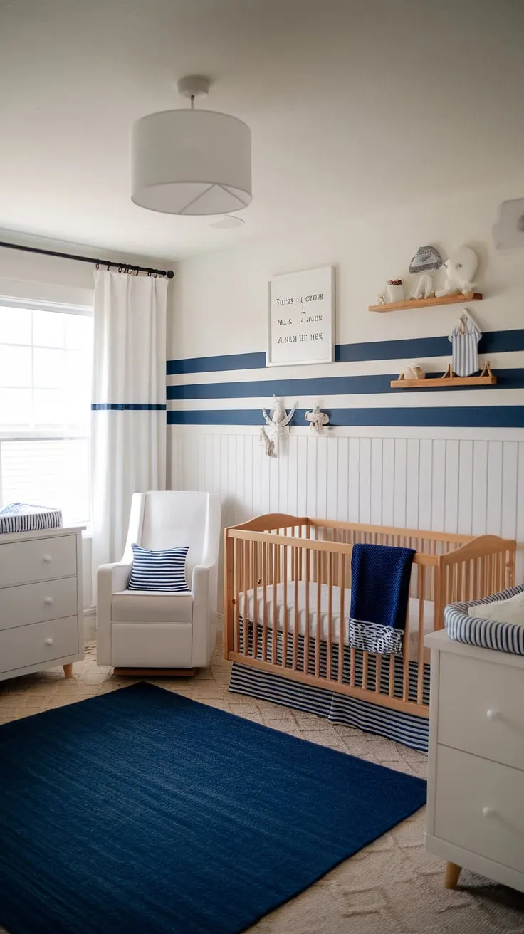 This serene nautical-themed nursery is pure baby boy room inspiration. The striped accent nursery wall sets the perfect backdrop for this charming nursery room design, offering a wealth of baby room themes and baby room inspiration.  A perfect blend of style and comfort for your little one.