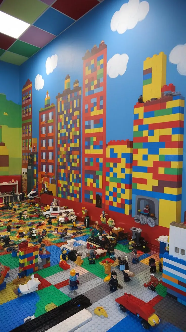 Unleash your child's inner architect! This lego playroom wall, a stunning kids playroom wall featuring a Lego cityscape, is the ultimate wall art for kids.  The city theme playroom design provides endless playroom wall ideas, creating a boys room lego theme that's both fun and inspiring.  From the colorful playroom inspiration of the accent playroom wall to the sprawling Lego city below, this room is a testament to imaginative play.