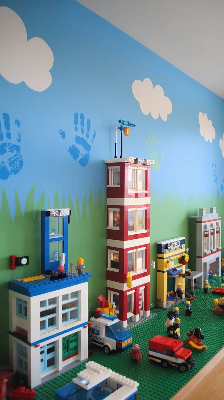 A captivating Lego playroom wall, bursting with city theme playroom energy! This wall art for kids features iconic Lego buildings and vehicles, creating a dynamic and engaging space.  The blue sky and green grass backdrop, combined with playful handprints, make this kids playroom wall a truly unique and inspiring example of playroom wall ideas.  Perfect for any boys room Lego theme.