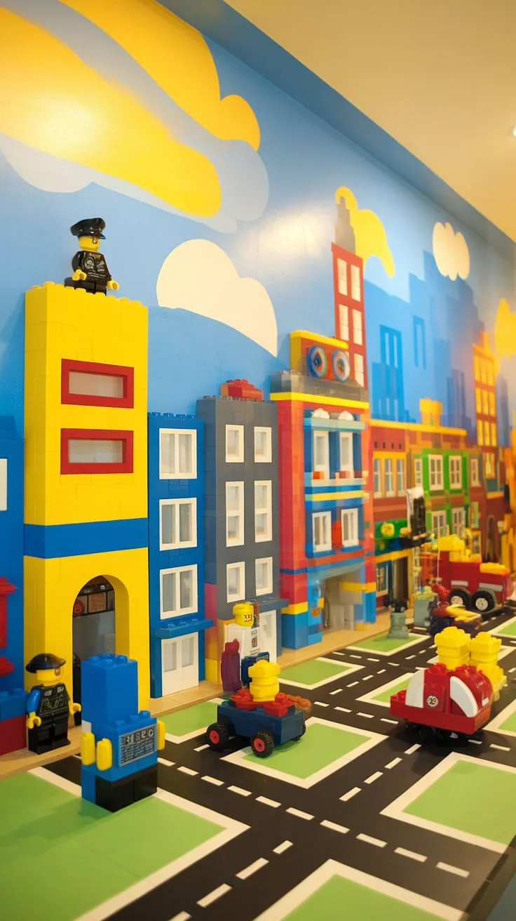 This accent playroom wall transforms playtime!  A vibrant city theme unfolds with a Lego city skyline, complete with miniature firefighters, police officers, and construction workers.  Perfect lego wall decor for a boys room lego theme, this kids playroom wall offers endless colorful playroom inspiration and is brimming with playroom wall ideas.
