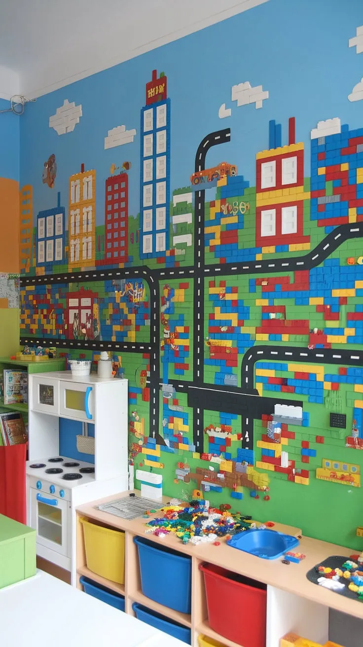 This accent playroom wall transforms a simple kids playroom wall into a vibrant city theme playroom.  The lego playroom wall, a masterpiece of lego wall decor, offers endless imaginative play.  It's the perfect boys room lego theme, brimming with colorful playroom inspiration and providing unique playroom wall ideas.  A few missing bricks only add to the playful charm.