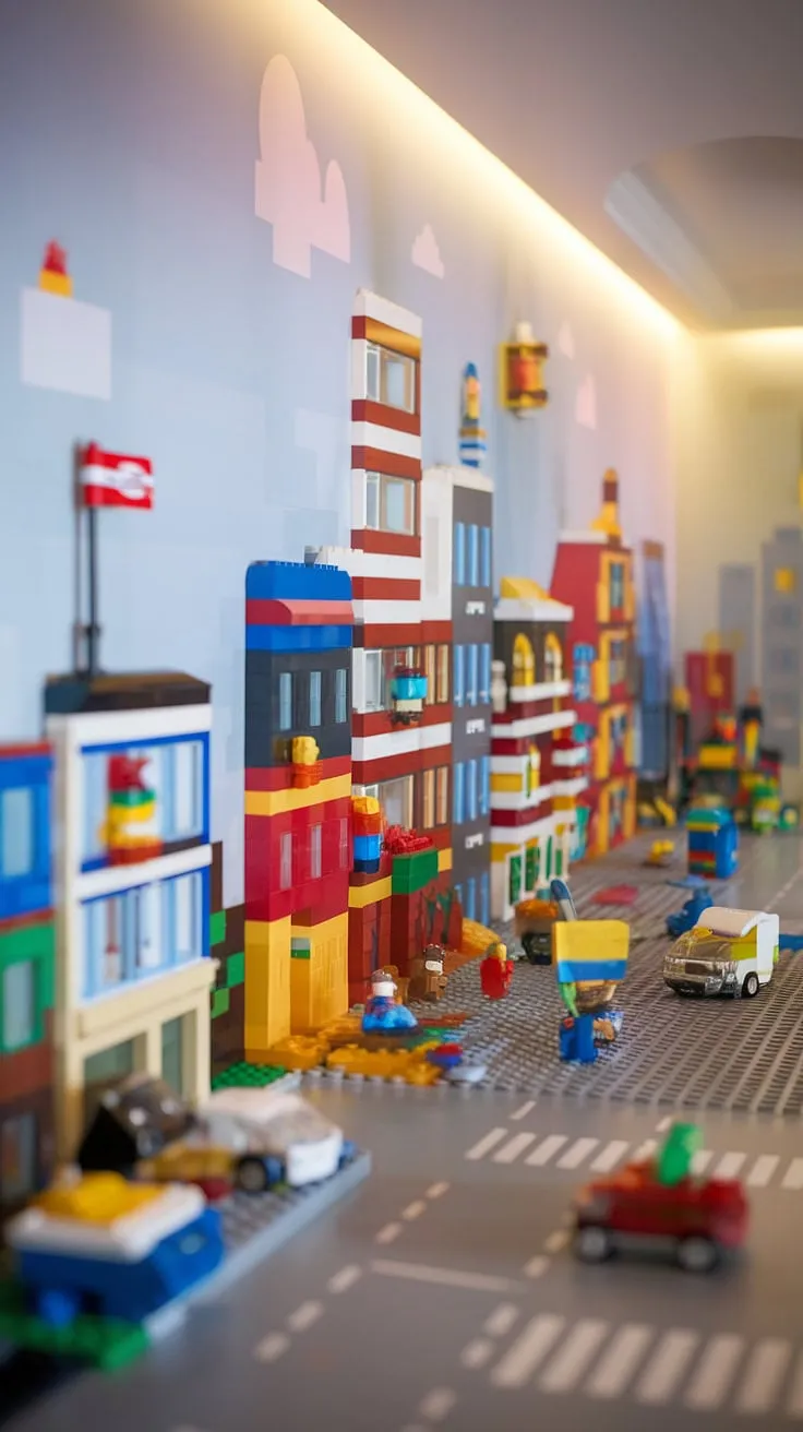 This accent playroom wall transforms a simple space into a vibrant city theme playroom.  The LEGO playroom wall, a masterpiece of LEGO wall decor, is bursting with creative energy, offering endless play possibilities for kids.  It's the perfect boys room LEGO theme and provides colorful playroom inspiration, showcasing imaginative playroom wall ideas.