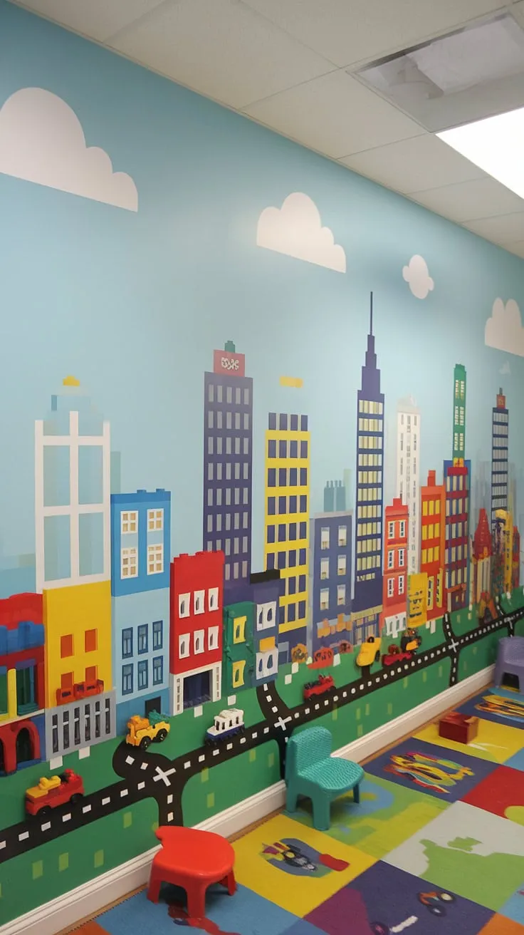 A Lego city sprawls across this kids playroom wall, showcasing creative wall art for kids. This lego wall decor is more than just decoration; it's a dynamic, interactive landscape for imaginative play.  Perfect playroom wall ideas for a city theme playroom, this design is bursting with colorful playroom inspiration and makes for a truly unique boys room Lego theme.