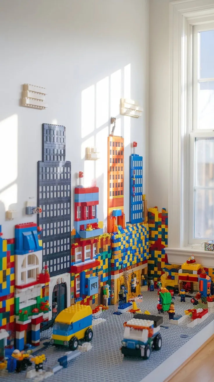 Sunlight streams into this vibrant city theme playroom, illuminating a stunning accent playroom wall crafted entirely from Lego bricks.  This kids playroom wall, a masterpiece of lego wall decor, showcases incredible creativity and provides endless play opportunities.  It's the ultimate boys room lego theme, offering playful wall art for kids and inspiring playroom wall ideas for parents. A truly colorful playroom inspiration.