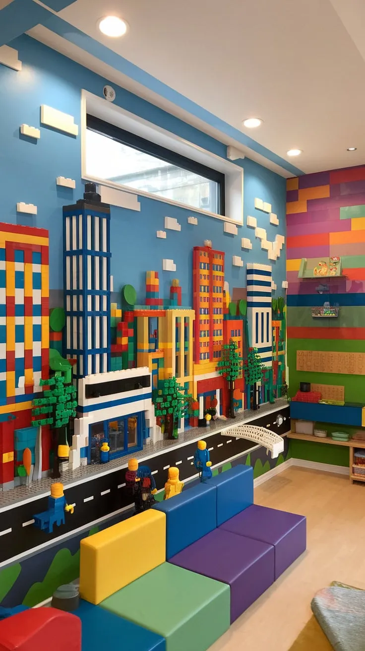 This accent playroom wall is pure magic! A sprawling Lego cityscape transforms this kids playroom wall into a city theme playroom, offering endless imaginative play.  The Lego playroom wall, a stunning example of wall art for kids, provides colorful playroom inspiration and is the perfect Lego wall decor for any boys room lego theme.  Playroom wall ideas don't get much better than this.