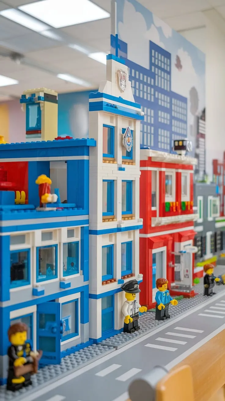 This accent playroom wall transforms a simple kids playroom wall into a vibrant city theme playroom.  The lego playroom wall, featuring a Lego police station, fire station, and hospital, provides endless imaginative play.  It's the perfect wall art for kids, offering colorful playroom inspiration and showcasing clever lego wall decor.  A true boys room lego theme, this design is brimming with playroom wall ideas.