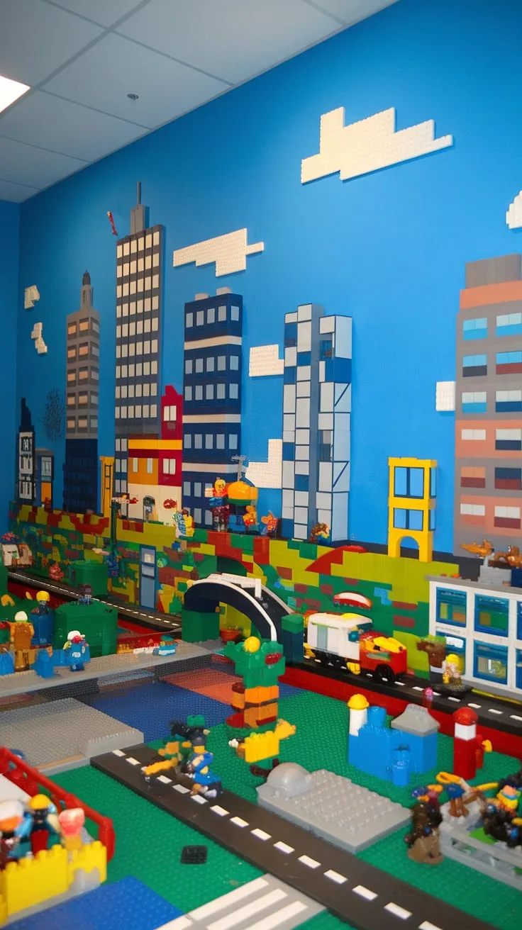 This incredible accent playroom wall transforms any kids playroom wall into a vibrant city theme playroom.  A masterpiece of Lego wall decor, it's the ultimate boys room Lego theme, offering endless play possibilities and serving as captivating wall art for kids.  Get inspired by this colorful playroom inspiration and explore unique playroom wall ideas.