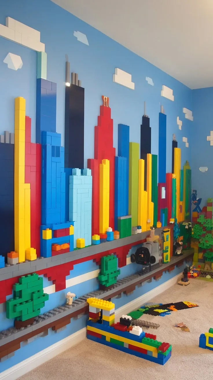 This vibrant city skyline, crafted entirely from Lego bricks, transforms a simple accent playroom wall into a captivating kids playroom wall.  The lego playroom wall is the perfect city theme playroom feature, offering endless imaginative play. It's the ultimate wall art for kids, a stunning example of lego wall decor, and a fantastic boys room lego theme.  This colorful playroom inspiration provides endless playroom wall ideas.