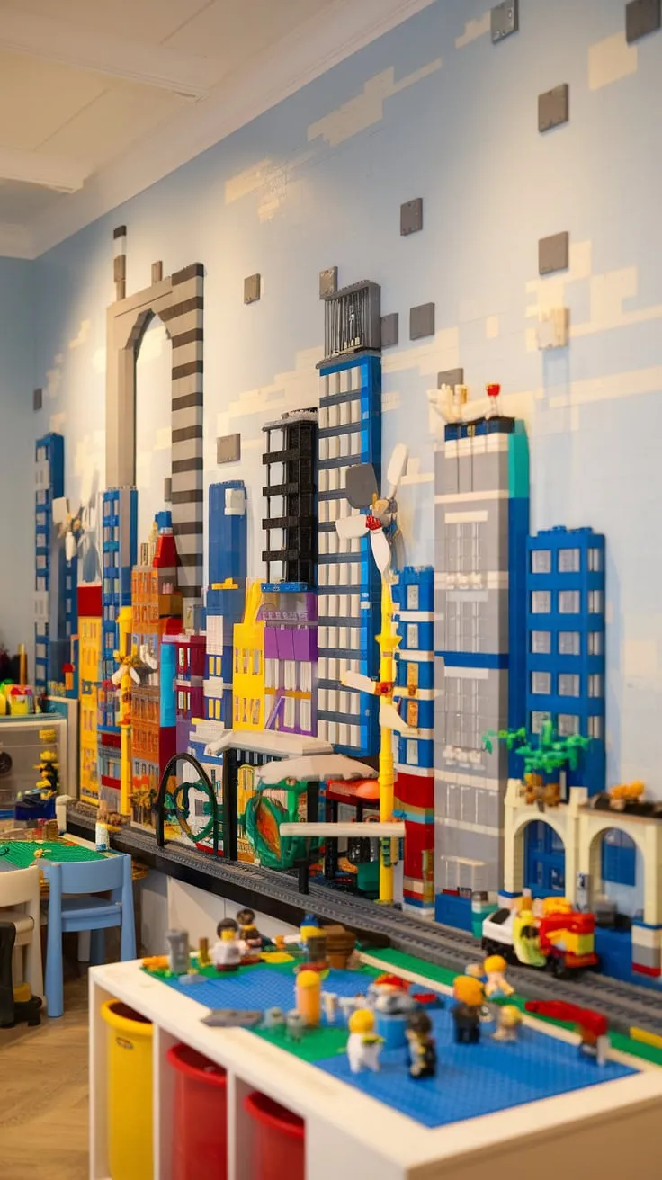 A stunning lego wall decor masterpiece! This kids playroom wall is a city theme playroom come to life, featuring a LEGO playroom wall that's both functional and fantastic.  The accent playroom wall is a testament to imagination, with buildings, bridges, and minifigures creating a captivating scene.  Perfect playroom wall ideas for boys, this colorful playroom inspiration is sure to spark creativity.