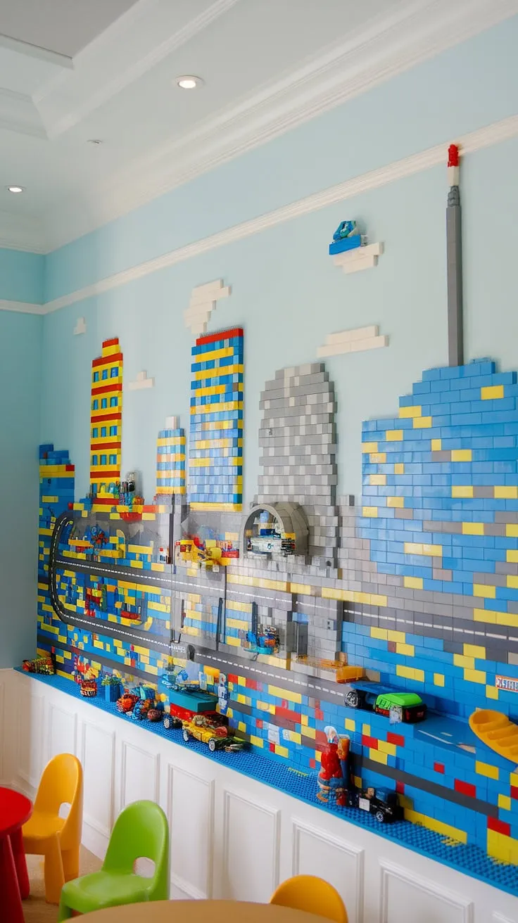 This accent playroom wall transforms a simple space into a vibrant city theme playroom.  The lego playroom wall, a masterpiece of lego wall decor, provides endless imaginative play for kids.  It's the perfect boys room lego theme and offers inspiring playroom wall ideas for parents seeking colorful playroom inspiration.  A true kids playroom wall that's bursting with creativity.