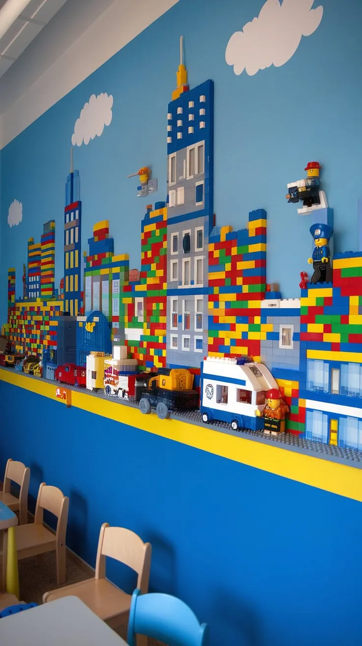 A stunning lego wall decor creation! This lego playroom wall is the ultimate city theme playroom feature, offering endless play possibilities.  The colorful playroom inspiration is evident in every detail, making it a fantastic kids playroom wall and a great example of playroom wall ideas.  Perfect for a boys room lego theme, this accent playroom wall is more than just wall art for kids; it's a world of adventure.
