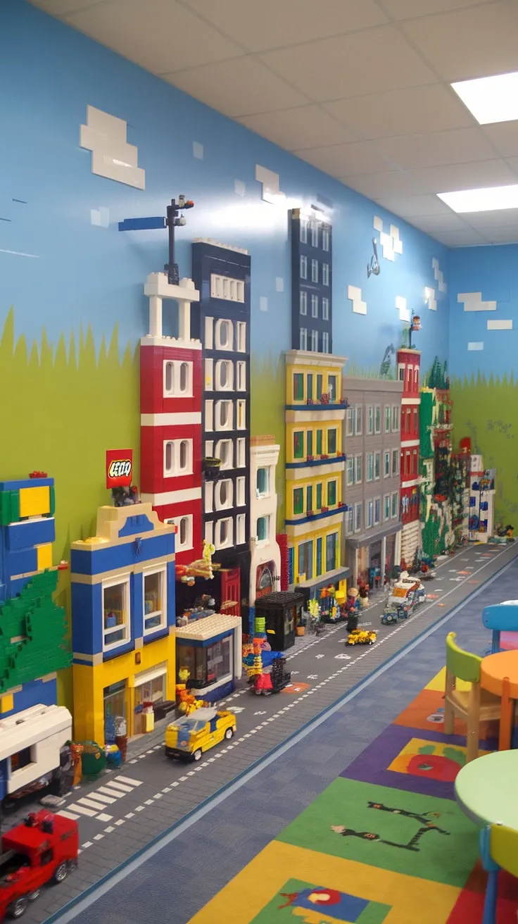 Unleash your child's creativity with this stunning LEGO playroom wall!  This kids playroom wall, featuring a captivating city theme playroom, is bursting with color and imaginative possibilities.  Perfect wall art for kids, this lego wall decor is a fantastic example of playroom wall ideas and offers endless colorful playroom inspiration for a boys room LEGO theme.