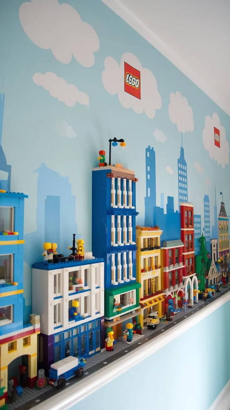 Unleash your child's creativity with this kids playroom wall featuring a captivating Lego city. This lego playroom wall is more than just wall art for kids; it's a dynamic landscape for imaginative play.  A fantastic example of playroom wall ideas, this city theme playroom is bursting with colorful playroom inspiration and perfect for a boys room Lego theme.