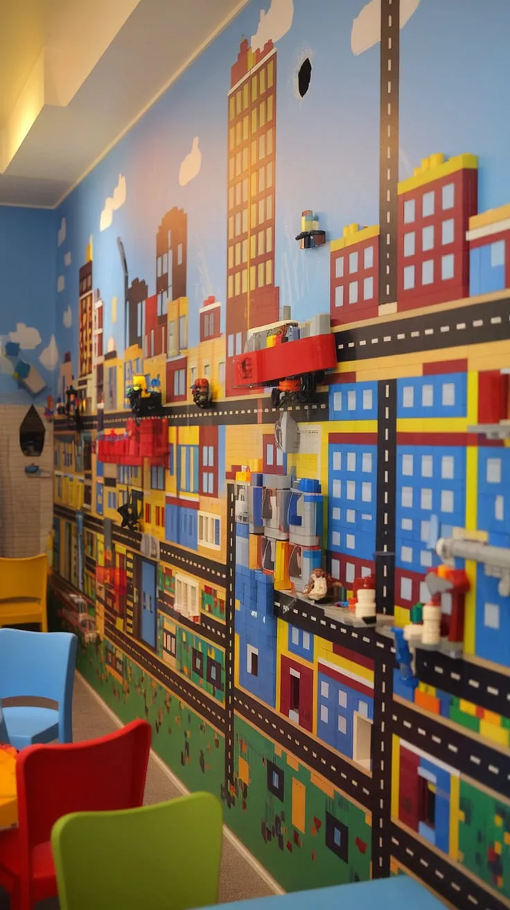 This accent playroom wall transforms playtime!  A vibrant city theme unfolds with a lego playroom wall, showcasing incredible lego wall decor and offering endless creative possibilities for this boys room lego theme.  The colorful playroom inspiration is truly captivating, making it the perfect kids playroom wall and a source of endless playroom wall ideas.