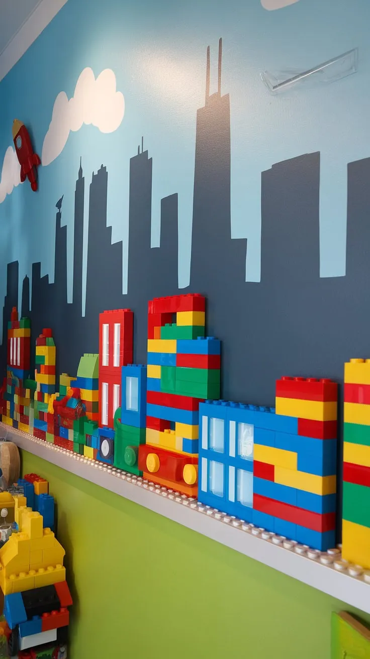This accent playroom wall transforms any kids playroom wall into a vibrant city theme playroom.  The Lego playroom wall, featuring a stunning Lego brick skyline mural and smaller Lego wall decor like a car and rocket, offers endless playroom wall ideas and colorful playroom inspiration. Perfect for a boys room Lego theme.