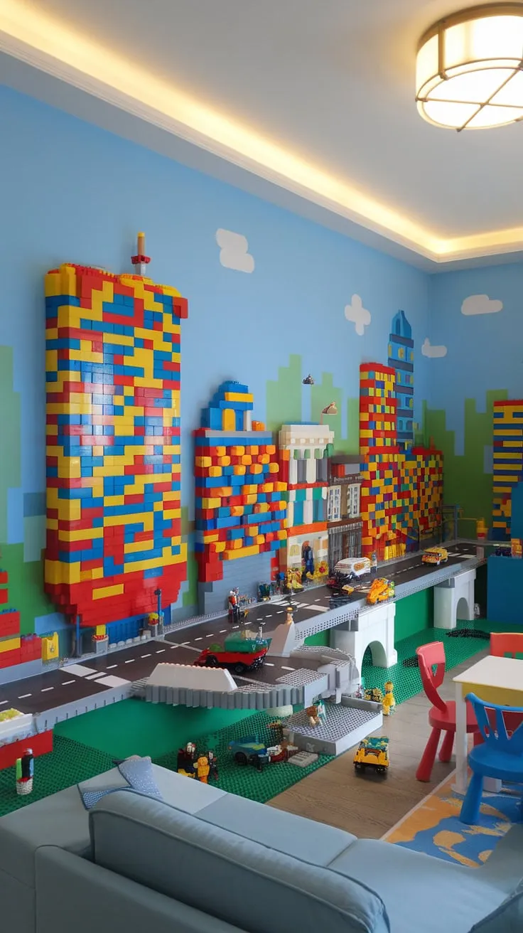 Unleash your child's creativity with this incredible lego playroom wall!  The vibrant city theme playroom features a stunning kids playroom wall, transforming ordinary wall art for kids into an extraordinary adventure.  This lego wall decor is the ultimate playroom wall ideas, offering colorful playroom inspiration for hours of fun.
