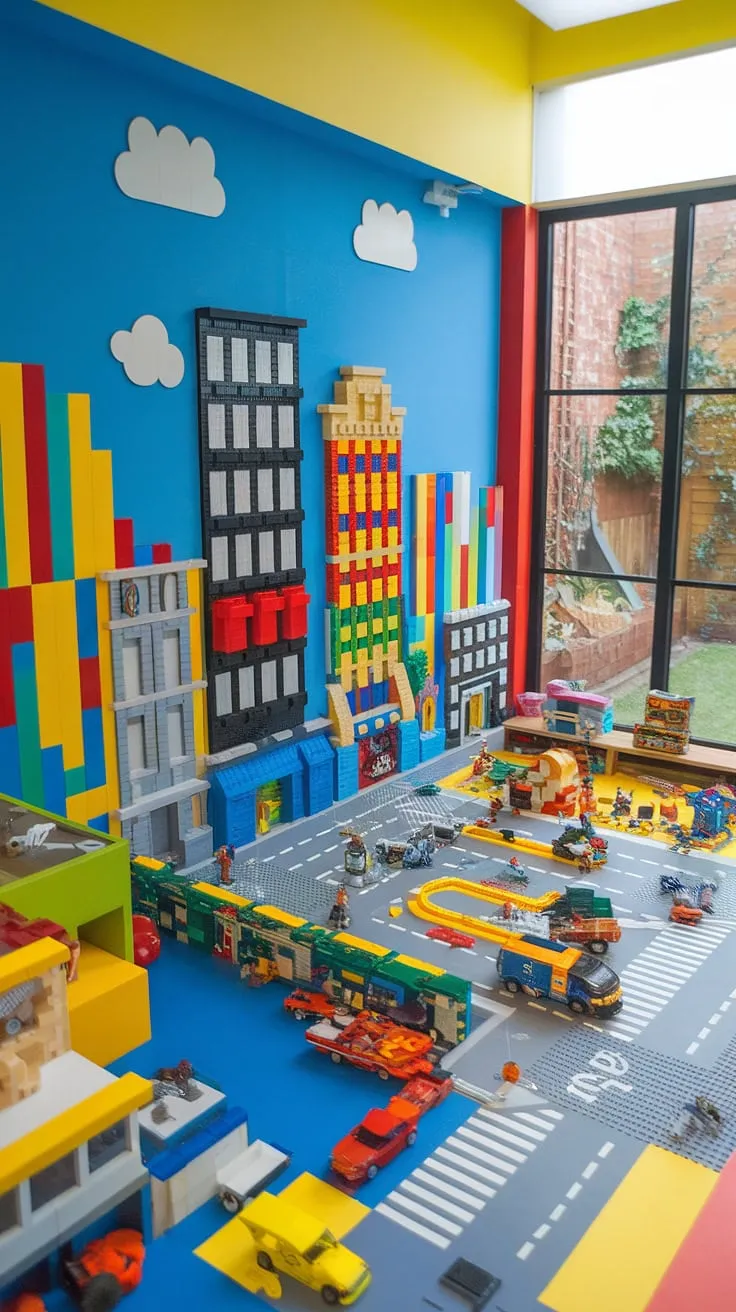 This vibrant city theme playroom is pure imagination!  The accent playroom wall, a masterpiece of Lego wall decor, transforms the kids playroom wall into a bustling cityscape.  It's the ultimate lego playroom wall, offering endless building possibilities and inspiring creative play.  Perfect playroom wall ideas for boys room lego theme, this colorful playroom inspiration is a dream come true.