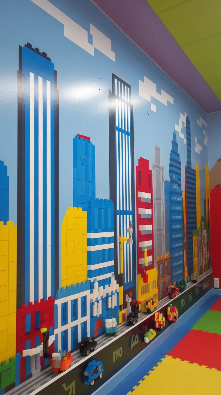 Unleash your child's imagination with this incredible LEGO playroom wall! This city theme playroom boasts a stunning kids playroom wall mural, a unique piece of lego wall decor that's bursting with color.  Perfect for a boys room lego theme, this playful accent playroom wall is brimming with playroom wall ideas and offers endless colorful playroom inspiration.  The removable bricks add an interactive element to this fantastic wall art for kids.