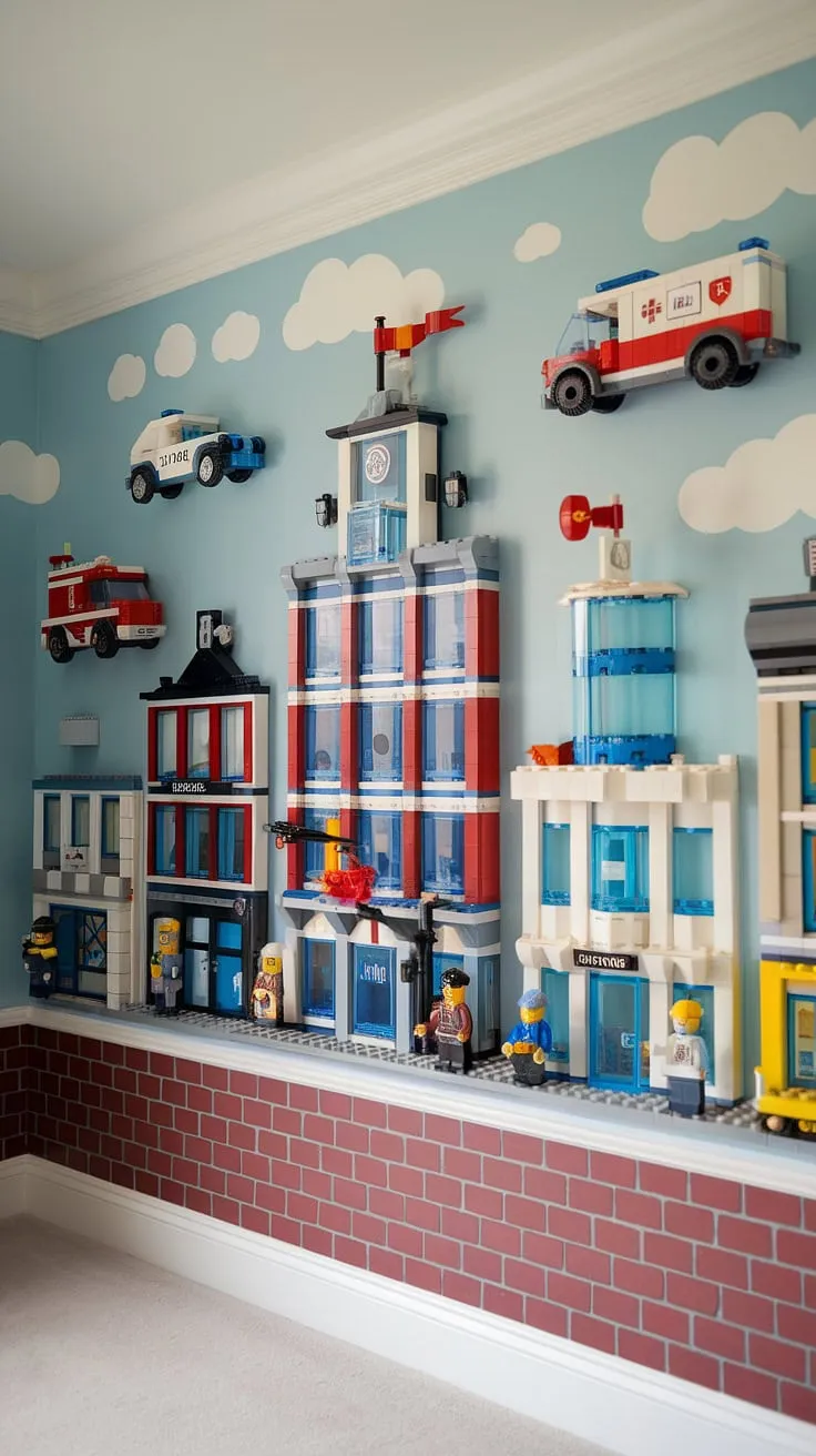 This accent playroom wall transforms a simple space into a vibrant city theme playroom.  The LEGO playroom wall, bursting with colorful playroom inspiration, is a dream come true for any child.  It's the ultimate kids playroom wall, featuring LEGO wall decor that's both imaginative and engaging, perfect for boys room LEGO theme ideas.  This lego wall decor offers endless playroom wall ideas.